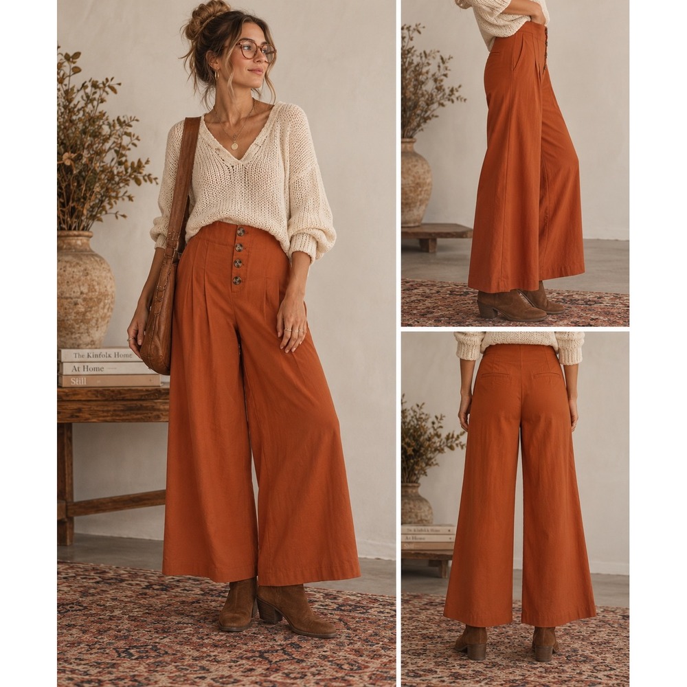Zara trf Collection Pants Women M Orange Wide Leg Button High Rise Fall Boho